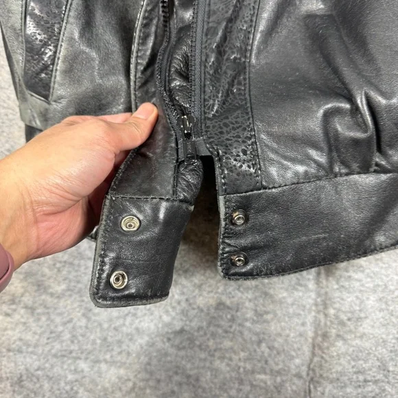 Vintage 80s Black Leather Bomber Jacket Women Oversized Puff Sleeve Retro Grunge - Picture 12 of 16